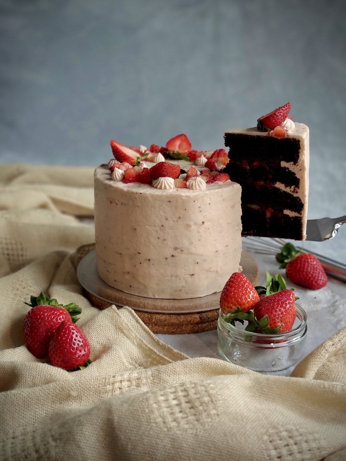 Strawberry black forest cake with dusty rose frosting
